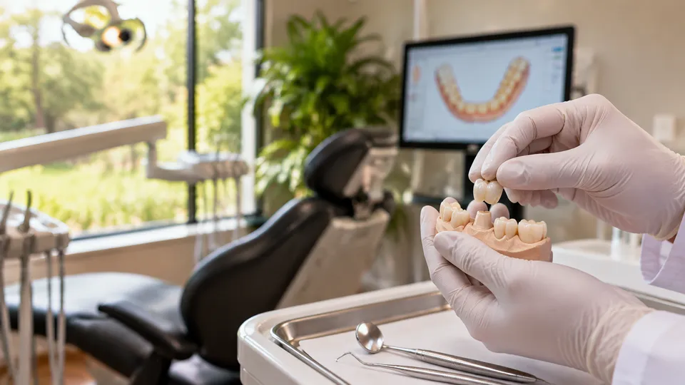 Fitting a porcelain crown onto a model of teeth